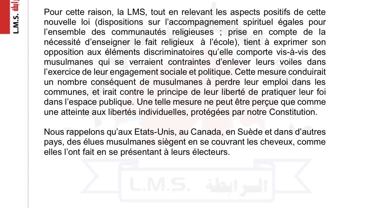 Prise de position concernant la votation sur la loi sur la laïcité LLE à Genève